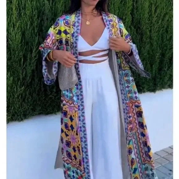 ZARA Printed  Belted Long Line‎ Open Front Kimono Robe Sz XS S M NEW! - Picture 12 of 16